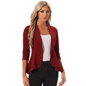 Open Front Blazer Women's Draped Collar 3/4 Sleeve Ruffle Office Blazer Red